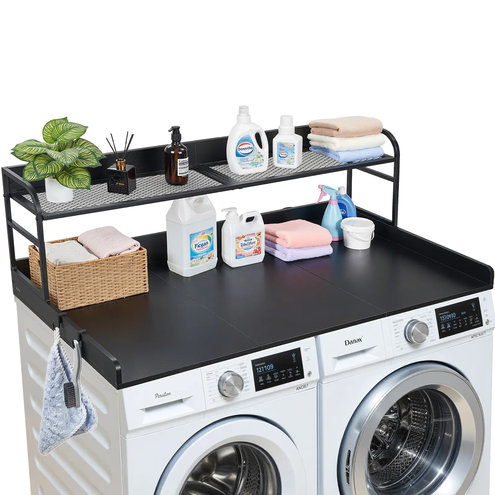 VEVOR P2 Grade Wooden Washer Dryer Countertop Topper, 53.9x27.5in (137x69.9cm) with Raised Edge, Carbon Steel Shelf & 2 Hooks, 250 lbs Capacity Black Laundry Organizer for Laundry Closet, Balcony, Bathroom Storage, P2 Particle Board, Storage Space