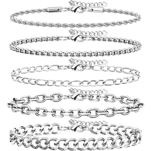 5PCS Stainless Steel Bracelets for Men, Silver Gold Black Sturdy Cuban Link Box Rope Chain Paperclip Figaro Bracelet for Women Men Jewelry Set