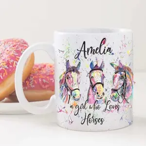 Personalised Horse Mug - Just a girl who loves horses water colour designed Ceramic gift mug - For all occasions (White) Great Teacher Gift Drinkware Cup
