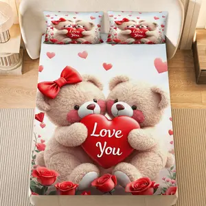 3Pcs Romantic Valentine Teddy Bear Fitted Sheet Three Piece Set (1*Fitted Sheet+2*Pillowcases, Coreless), Valentine theme, Love Heart Bedding Set, Mattress protector Soft, Breathable