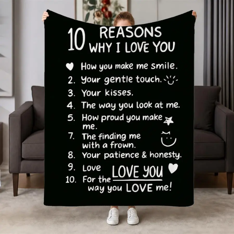 Romantic "10 Reasons Why I Love You" Weighted Blanket - Soft Flannel Throw Suitable for Couples, Handwritten Heart Design with Numbered Love Reasons, Cozy Bedspread Gift for Anniversary, Valentines Day, Bed & Couch Decor