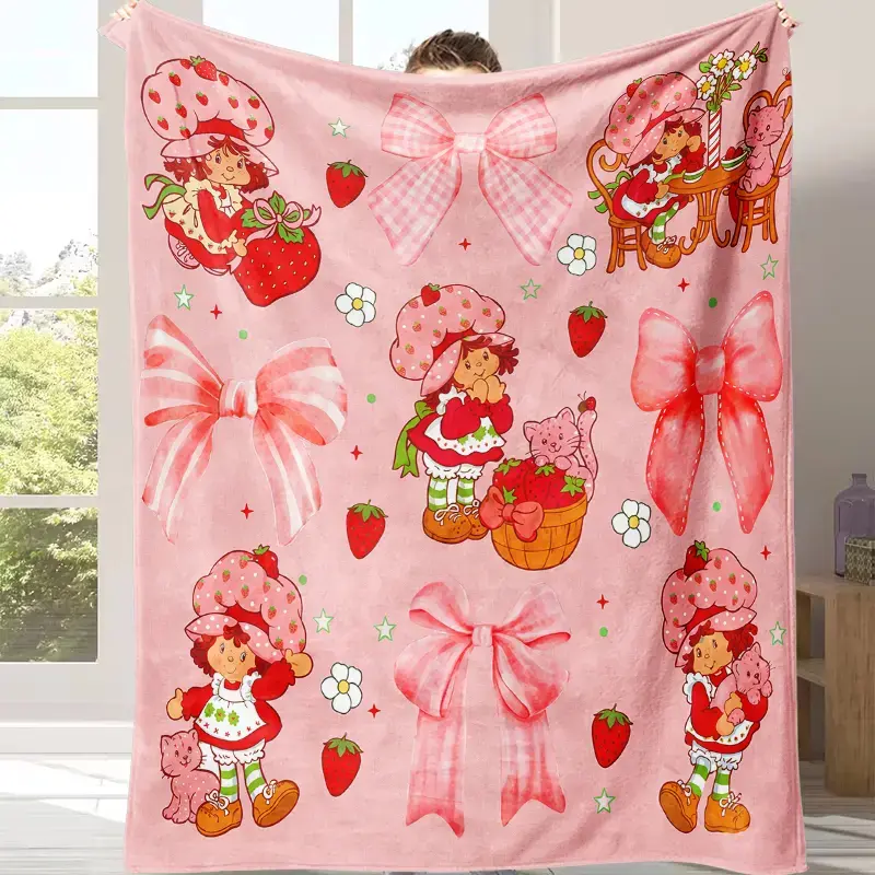 Trending Strawberry Shortcake Throw Blanket - Pink Bow Coquette Design, Warm All-Season Home Blanket with Strawberry Fun, Girls' Rooms Decor, Ideal Gift for Fans, Kids & Teens' Birthday/Christmas, Minimalist