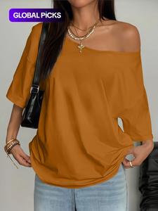 Plus Size Women's Asymmetrical Shoulder Top, Trendy Fashion Short Sleeve Blouse, Thin Lightweight Fitted Daily Wear for Plus Size Ladies
