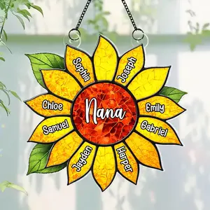 Personalized Grandkids Name In Sunflower Daisy Gift, Heartfelt Mother Day Gift For Wife Mom Nana, Custom Grand Kid Name, Stained Glass Suncatcher Ornament