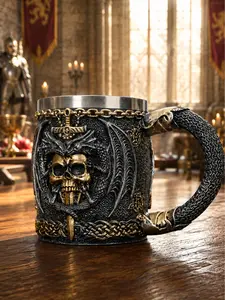 The Armored Kingdom Dragonborn Blade and Skull Deathbrew Mug - 14 oz Hand-Painted Durable Stainless Steel Drinkware, Reuse-Friendly Washable Kitchen Cup for Fantasy Lovers, Gothic Coffee/Tea Tumbler
