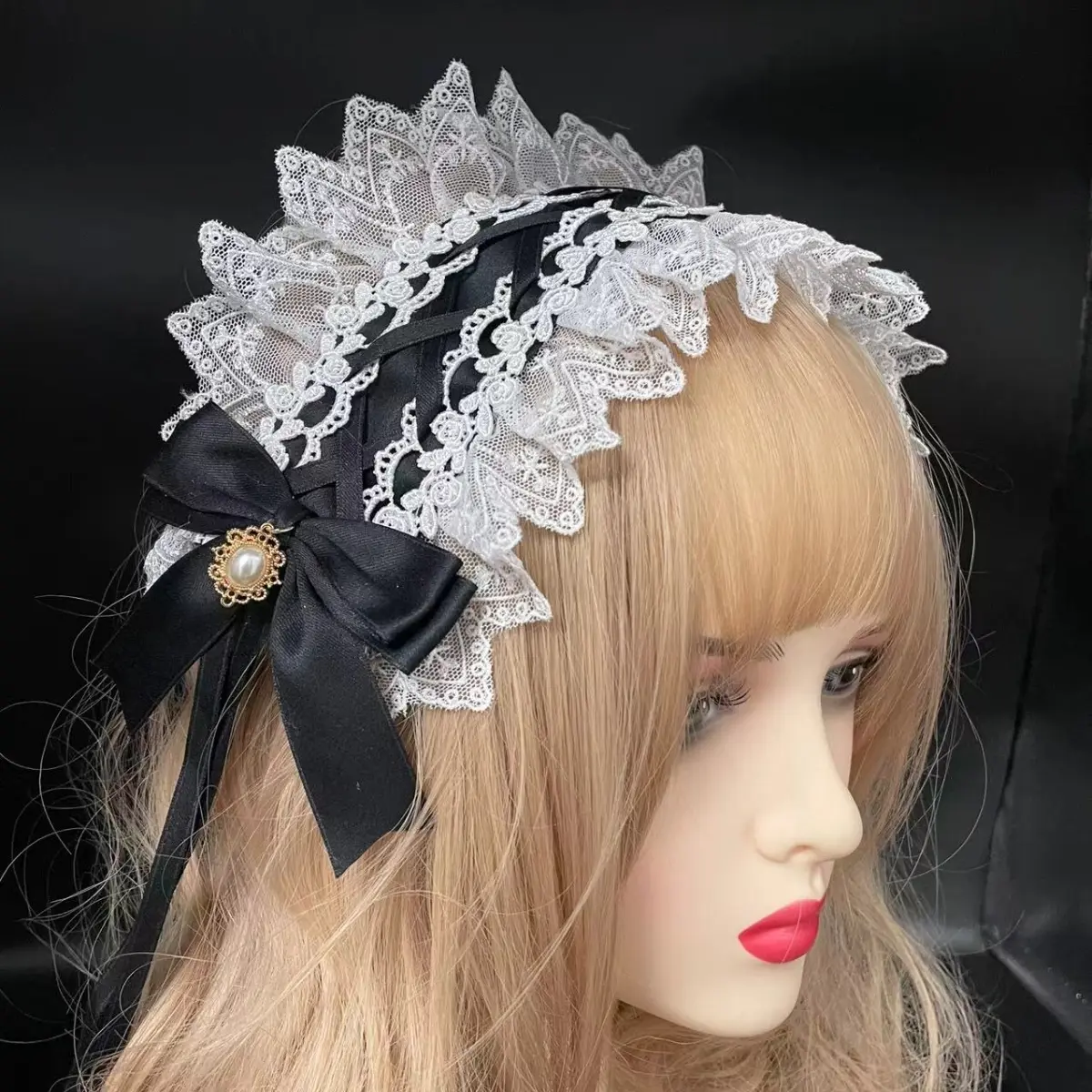 Lace Ribbon Bow Hairband with Hairpins Lolita Ruffled Headband Sweet Star Embroidery Anime Maid Cosplay Headdress
