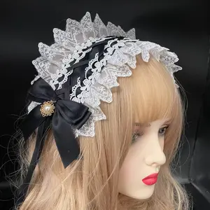 Lace Ribbon Bow Hairband with Hairpins Lolita Ruffled Headband Sweet Star Embroidery Anime Maid Cosplay Headdress