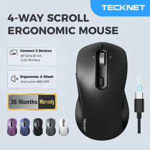 TECKNET Rechargeable Bluetooth Mouse, [ USB + BT5.0 + BT3.0 ] Wireless Mouse, Ergonomic 4-Way Scroll Wheel Computer Mice, 6-Level 4800 DPI Silent Mice, Multi-Device for Computer/Laptop/MacBook