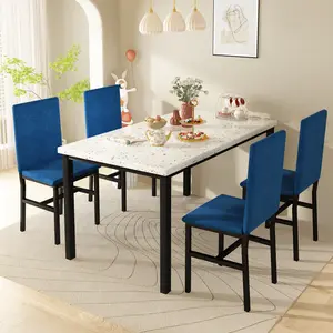 Hooseng 5-Piece Dining Table Set | Terrazzo/Marble Top Table with Velvet Chairs | Easy Assembly & All Tools Included | Modern Kitchen Furniture for Dining Room & Breakfast Nook