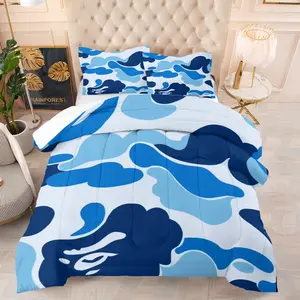 Military Style Blue Camouflage Bedding Set, Soft Comfort Sleep Quality, Youth Adult Bedroom Decor Gift, Includes 1 Blanket and Pillowcases