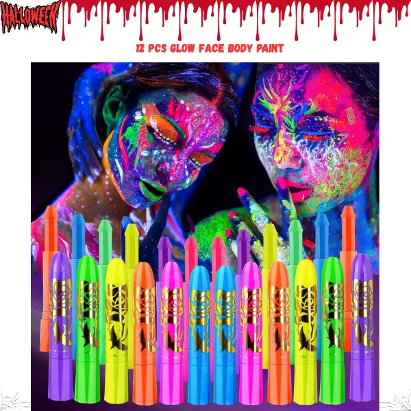 12 PCS UV Glow Face & Body Paint Kit – Neon Glow in the Dark Face Paint, Black Light Makeup, Halloween Face Paint, Rave Festival Party Supplies for Adults & Kids