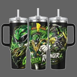 Mighty Morphin Power Rangers Green Ranger Dragonzord Stainless Steel Insulated Tumbler Cup, 20oz/40oz with Straw Lid Included, Green Lightning Full Wrap Design