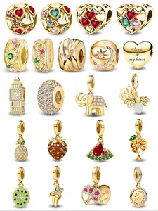 1PC Original Gold Color Series Big Ben Animal Elephant Fruit Pineapple Strawberry Watermelon Bead Pendant, Heart Shaped Pendant, Thanksgiving Christmas Beads and Pendant Designer Bracelet Making DIY Gift Ladies Daily Wear for Women as Gift