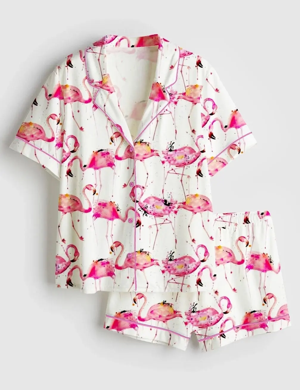 Flamingos Making A Splash Pink lamingo Print Short Sleeve Pajama Set 1B0