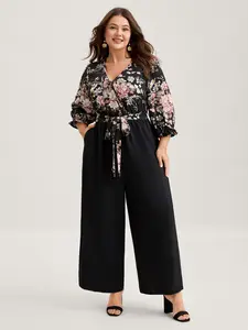 【Summer Turn-Up】BlOOMCHIC Plus Size Floral Contrast Belted Wide-Leg Jumpsuit [1x-6x] 2026 Summer Pick for Mother's Day