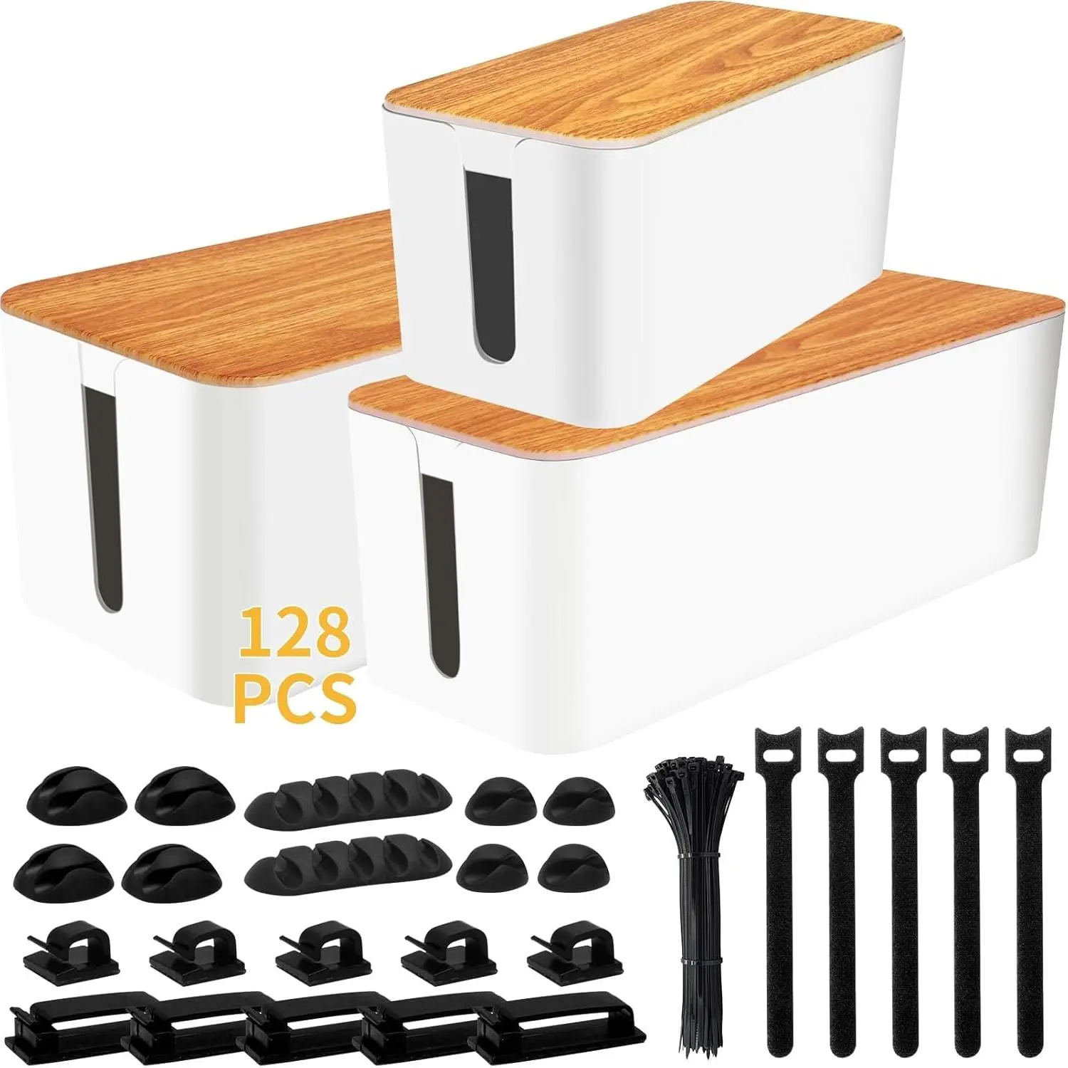 White 3-Pack Plastic Power Strip Wire Management Box Kit - 128-Pcs Safe ABS Cord Organizer with 20 Adhesive Holders, Clips, Sleeves, 12.59"x5.31"x4.52" Surge Protector for Indoor Home & Office Organization Ideas