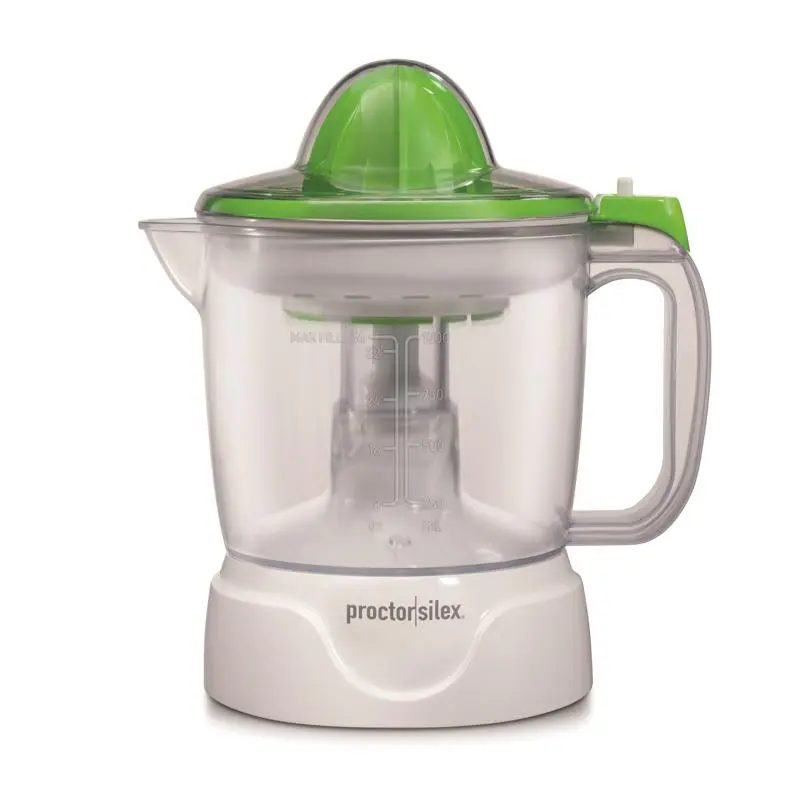 Hamilton Beach 6069381 Proctor Silex Compact Plastic Citrus Juicer - 34oz, 8.2in, 150W, 2.4lbs, White, Automatic Reversal, Pulp Control, Easy-Remove Parts, Dishwasher Safe, Easy Tabletop Serving