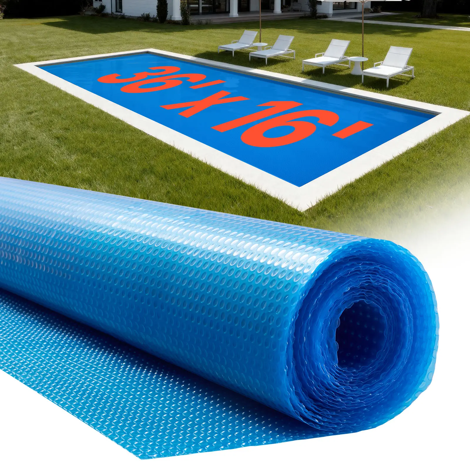 VEVOR Solar Pool Cover, 36 x 16 ft Rectangle Pool Bubble Cover, 12 Mil Pools Solar Blanket with Bubble & PE Material, Daytime Heat Absorption, Nighttime Heat Retention, Heat Retaining Solars Covers, Blue