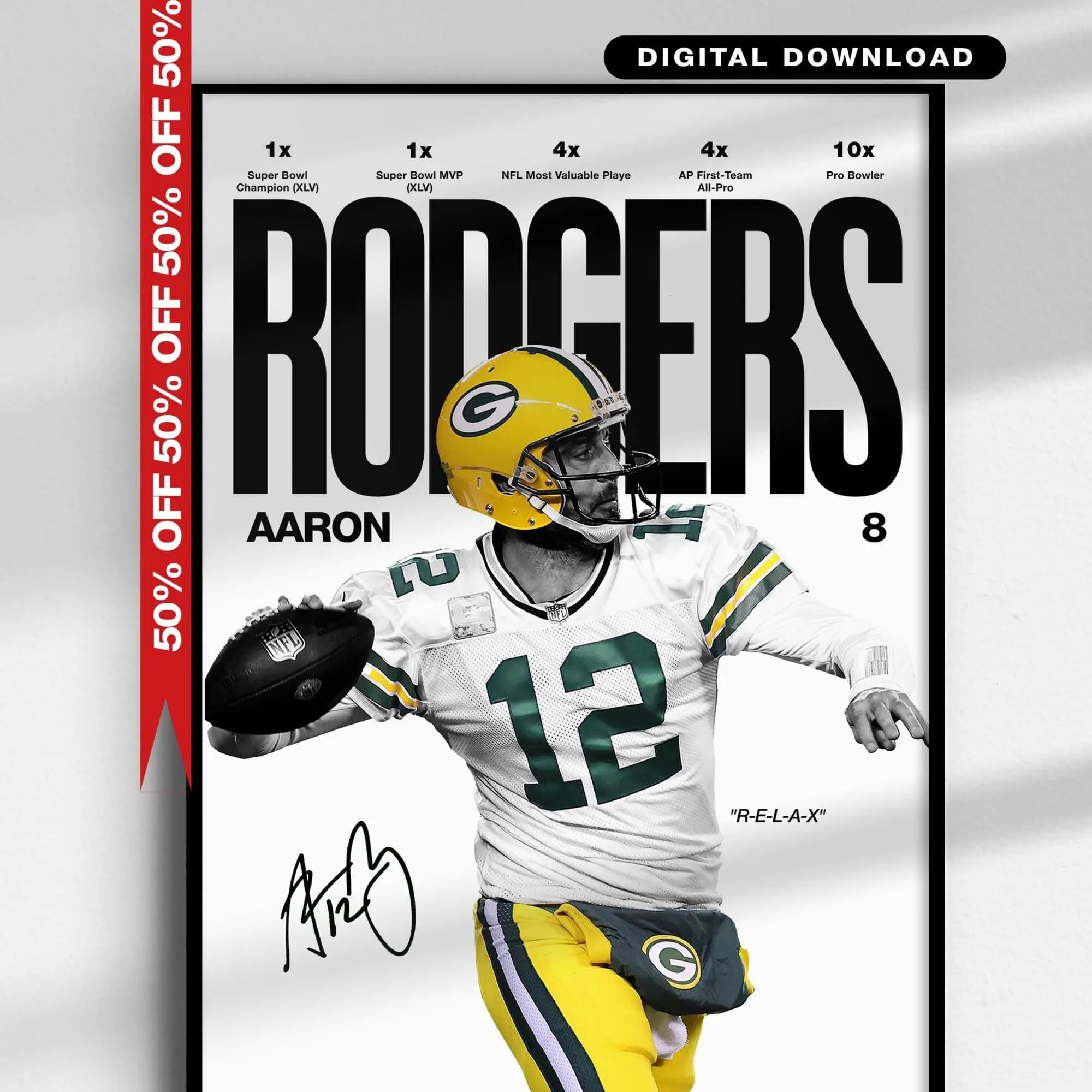 Aaron Rodgers Poster, NFL Football Wall Art, Quarterback Print, Minimalist Sports Poster, Green Bay Packers Fan Gift, Digital Download
