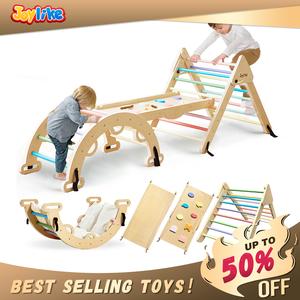 Joylike Wooden Indoor Triangle Semicircle Climbing Frame for Kids with Rainbow Slide,Non Inflatable Playground Equipment
