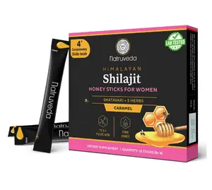Natruveda Shilajit Honey Sticks for Women, 12 Sticks – Caramel | 300 mg Himalayan Shilajit Resin + Shatavari & 5 Ayurvedic Herbs | Lab Tested | Energy & Hormonal Balance Support