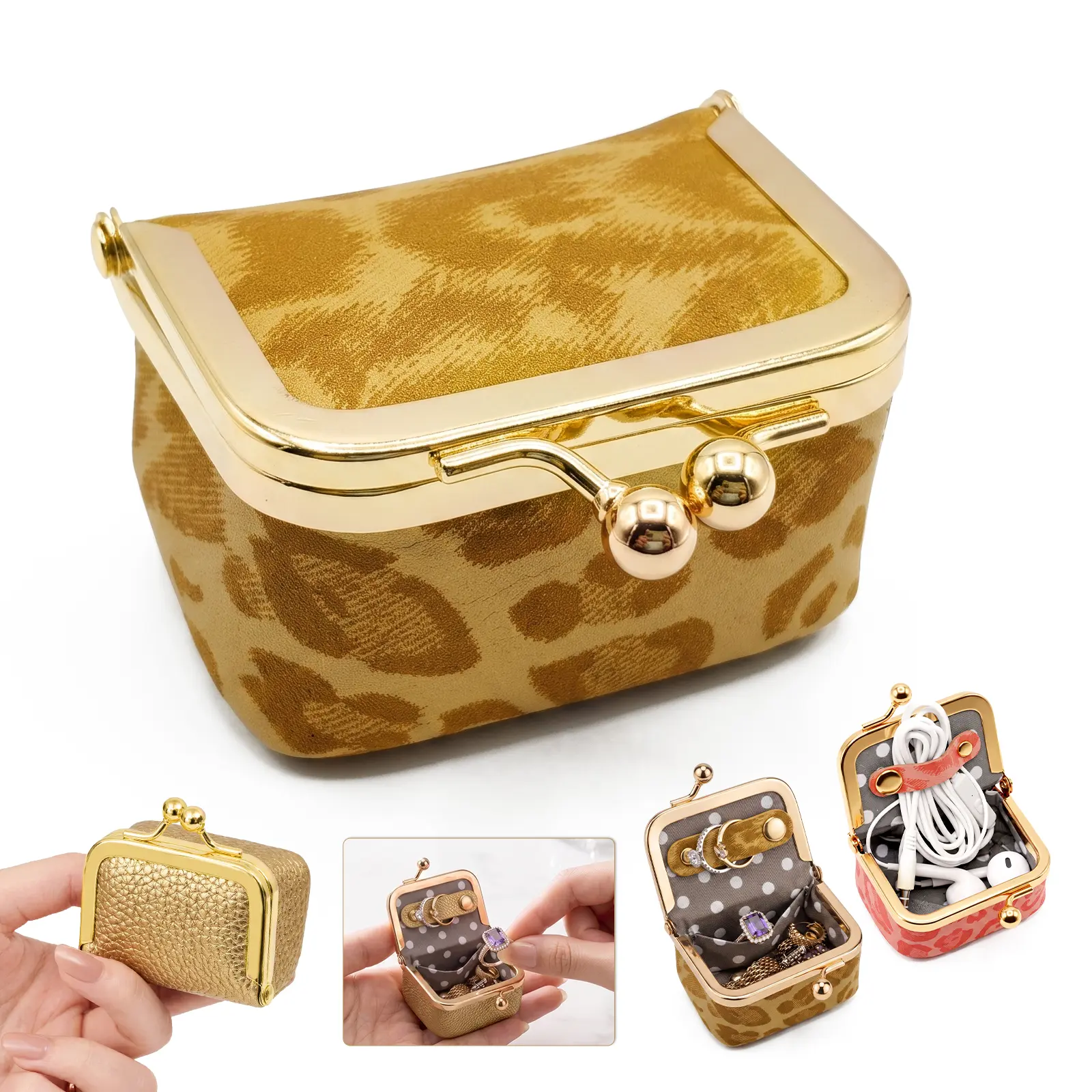 Women's Mini Jewelry Box (with Vintage Kiss-Lock Clasp), Portable Travel Jewelry Organizer (for Rings, Earrings, Necklaces, Bracelets), Solid-Color Kiss-Lock Multi-Purpose Pouch, Compact Casual Storage Bag, Jewelry Case Design, Ideal Gift, Leather, Small