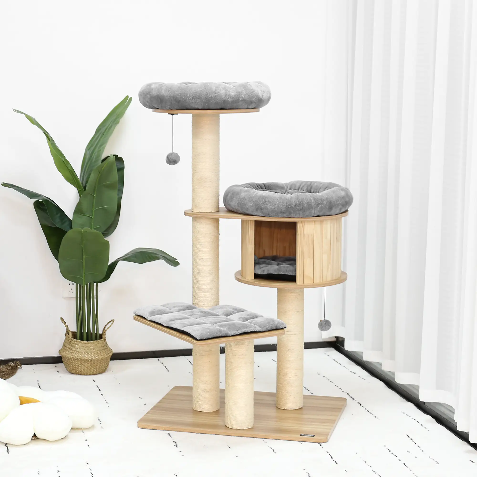 KAMABOKO Wooden Cat Tree Tower with Multi-Level Platforms – Perfect for Climbing, Scratching, and Playtime