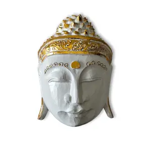 Zen Spirit White Buddha Mask with Gold Trim Hand Carved in Bali, Modern,Tropical Elegant