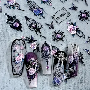 Gothic Style Floral Nail Art Stickers, 5D Jelly Skulls Roses Butterflies Flowers Shiny Self-adhesive Nail Decals, DIY Nail Art Supplies, Halloween