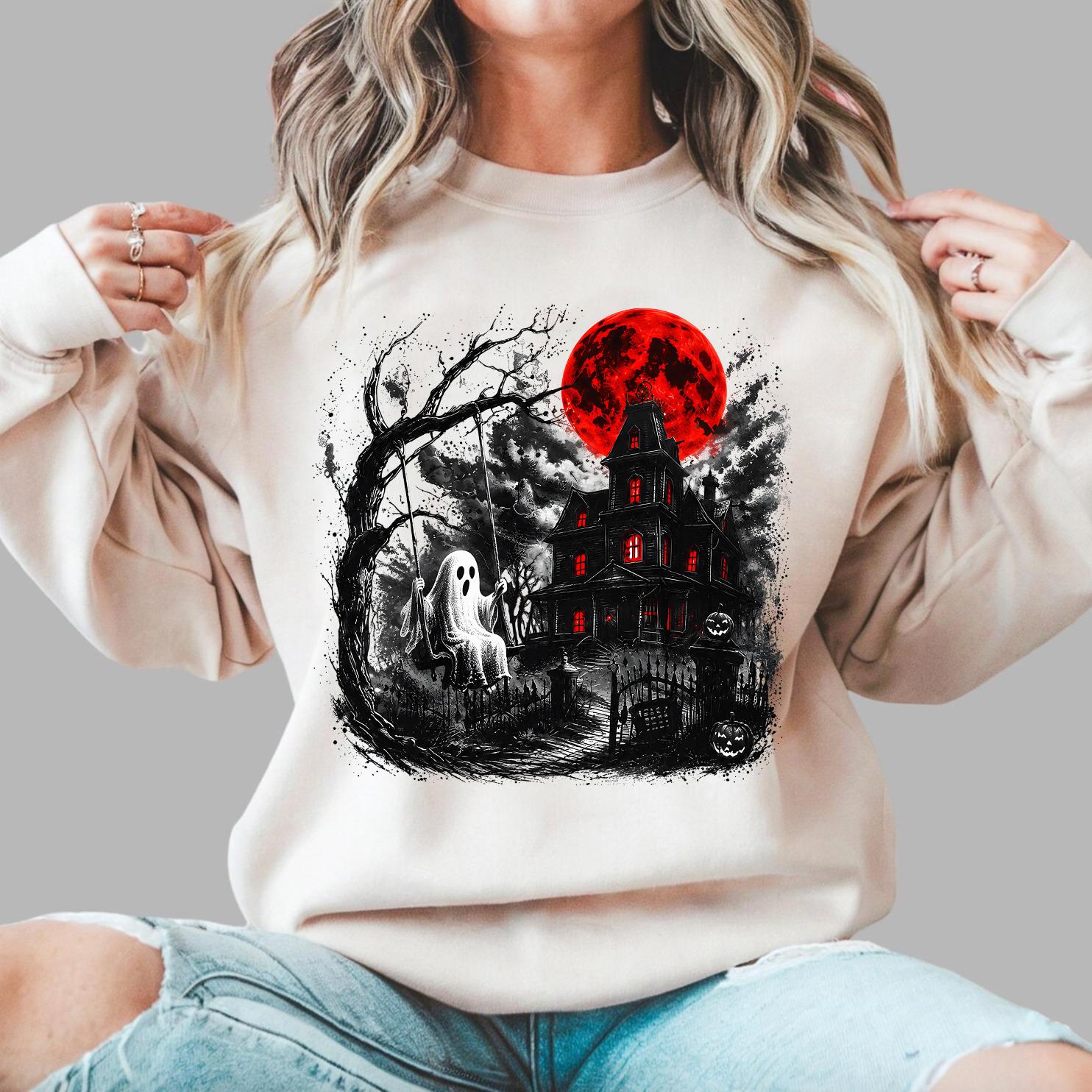 Halloween Haunted House Sweatshirt, Ghost Graphic Crewneck, Spooky Haunted Mansion Shirt, Red Moon Halloween Shirt, Gothic Horror Graphic Sweatshirt, Pumpkin Fall Crewneck