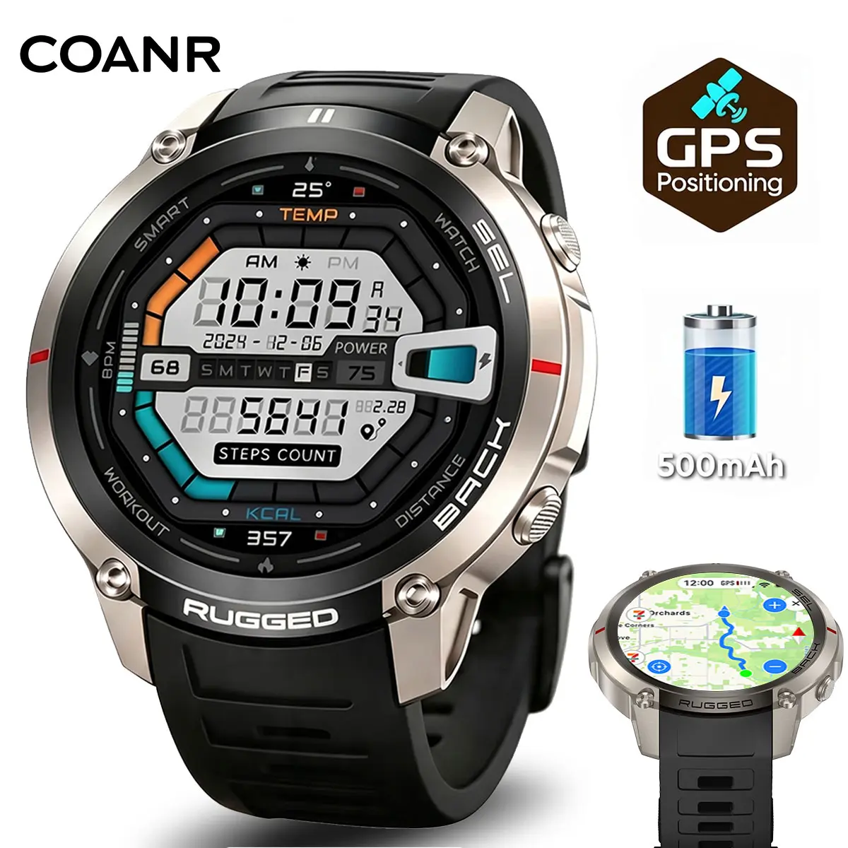 COANR Active 5 Pro smartwatch, global offline map and 6 satellite positioning, wireless call and mobile phone synchronization, 5ATM water resistance, 1.43-inch AMOLED display, men's outdoor rugged smartwatch, can connect iPhone and Android phones black