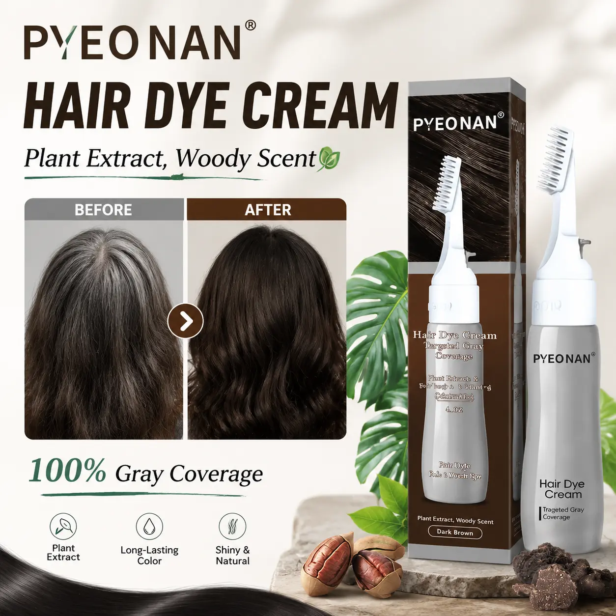 PYEONAN Unisex Hair dye Cream, Hypoallergenic, Ammonia-Free, Herbal Extracts for Grey Hair, Easy Touch-up & Full Coverage, Dual-Purpose for Grey Coverage and Haircare, Effortlessly Turns into Black or Dark Brown Hair Color 2.8 Oz./80g