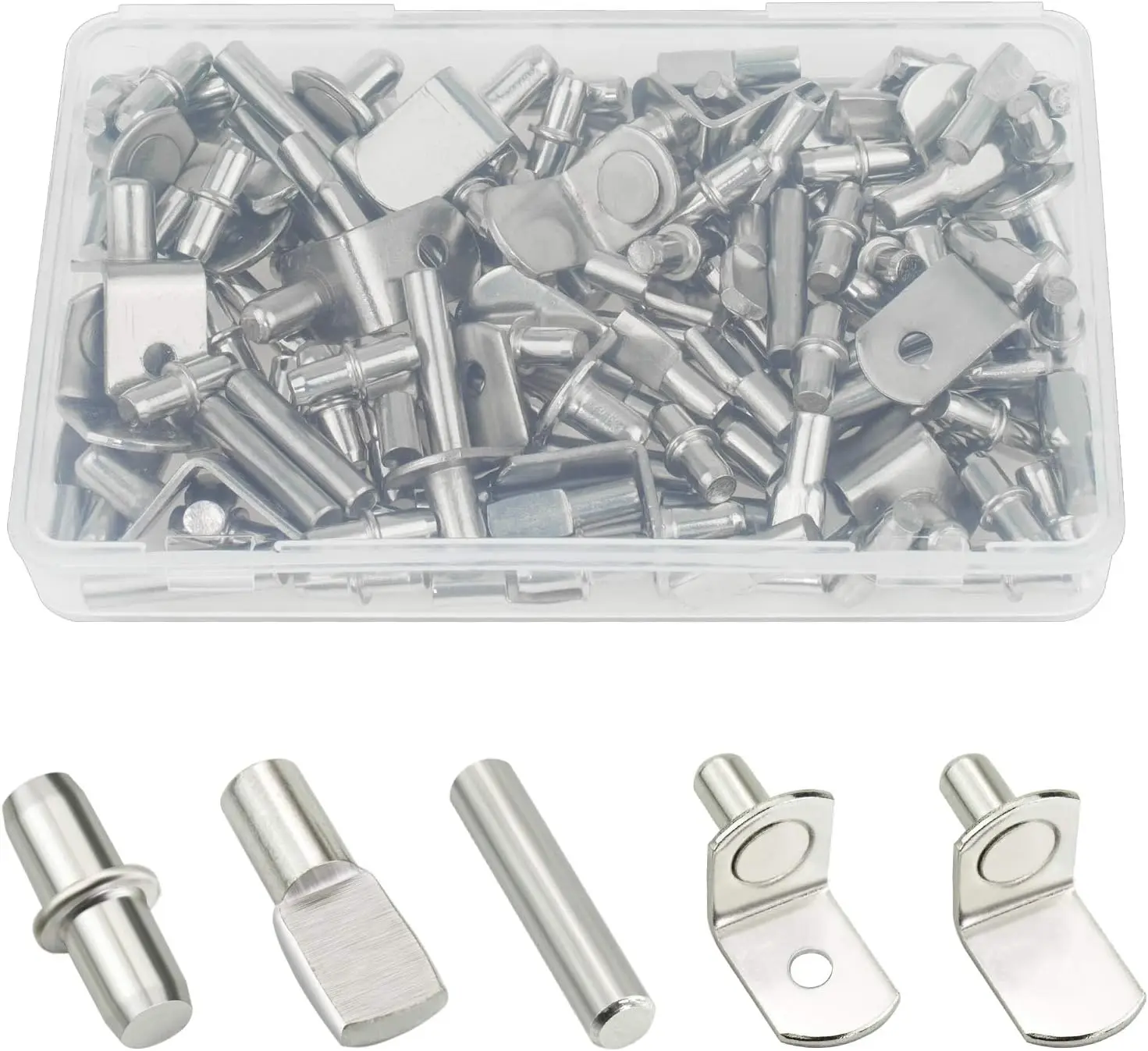 5 mm Good Quality Nickel Plated Shelf Hardware Kit (85 Total): 15 Bracket-Style Supports, 25 Flat Spoon Pegs, 30 Cylindrical Pins for Cabinets, Furniture, 15 Count Bracket Style Shelf Support, 25 Count Flat Spoon Shelf Pegs