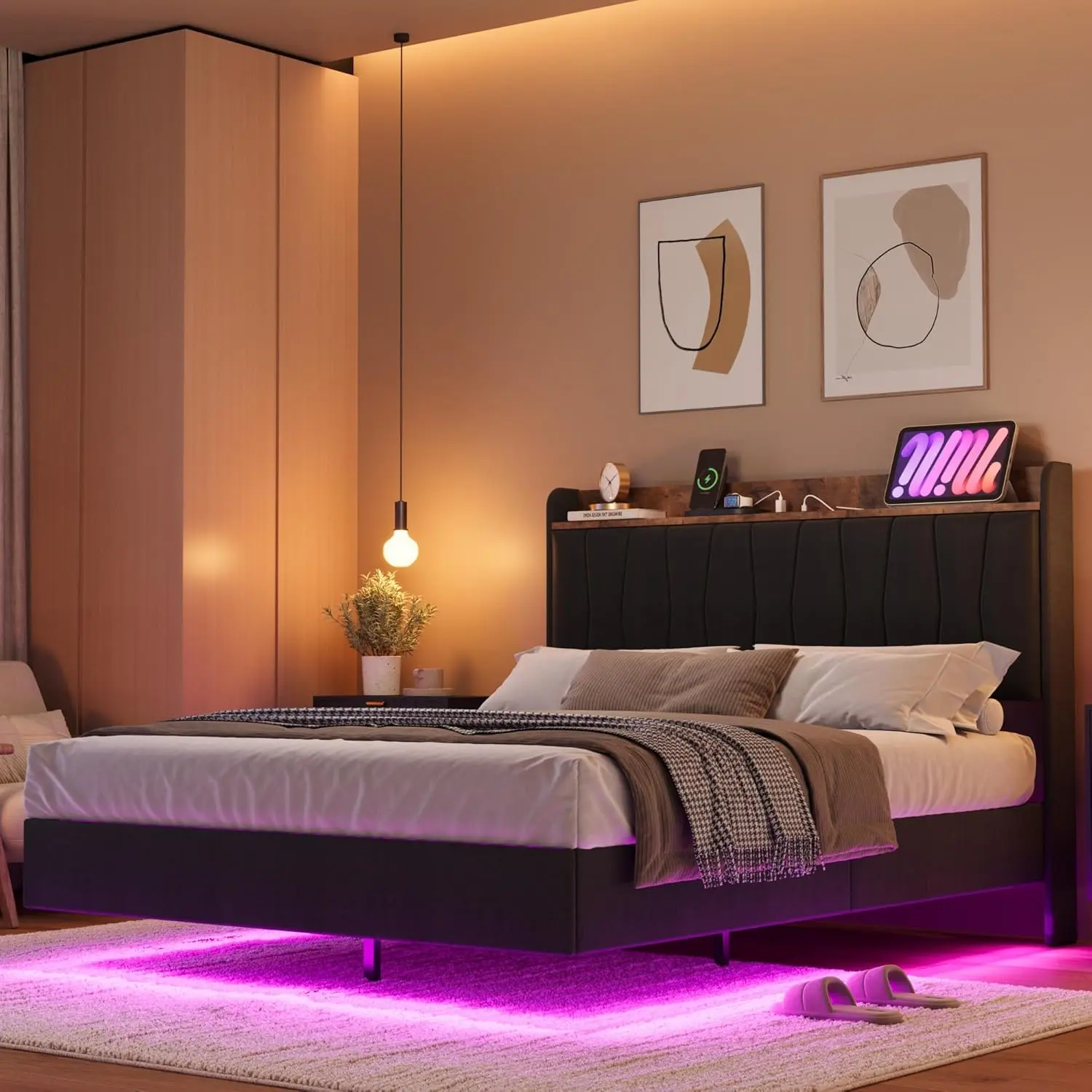 Gaomon Modern Upholstered Full-Size Bed Frame - Upholstered Bed with LED Headboard, Built-in Charger, No Box Spring Needed, Easy to Assemble, Modern Upholstered Bed