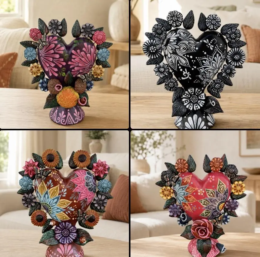 Decorative Polychrome Clay Heart From Metepec Estado De México With Floral Details Handmade By Mexican Artisans