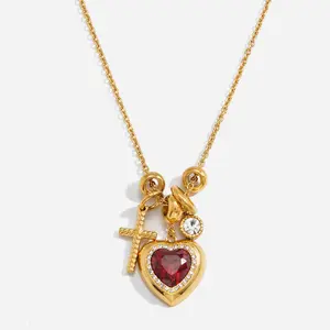 Daily Designer-Style Sweet Aesthetic Stainless Steel Cross Red Heart Pendant Necklace, Titanium Steel Minimalist Premium Fashion Costume Jewelry Accessory