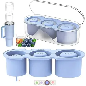 Ice Mold for Stanley Cup 30/40 Oz - Easy Fill and Release Without Touching Ice, Silicone Ice Cube Tray with Clear Lid and Bin for Freezer, Whiskey, Cocktail (Blue)