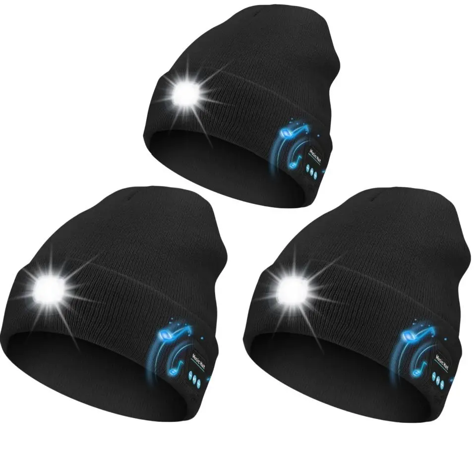 Unisex Bluetooth Beanie Skull Cap Trend - 6 LED Flashlight, Cordless Headphones, USB Rechargeable Knit Men's Accessories, Cool Gifts for Guys, Trendy Teen Gifts for Outdoor Cycling