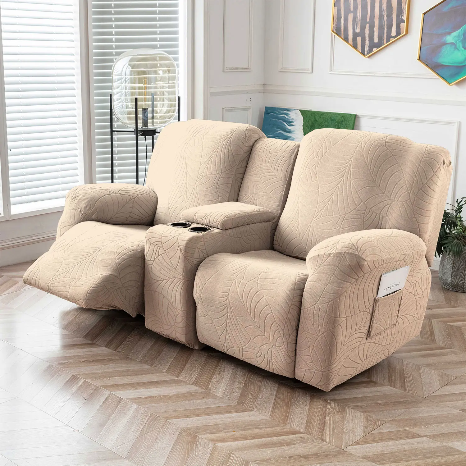 2-Seater Recliner Sofa Cover with Center Console - Leaf-Pattern Jacquard Split Soft Stretch Washable Couch Slipcover, Plants-Themed Furniture Protector, Stretch Couch Covers for Sofa Fits 65-80"