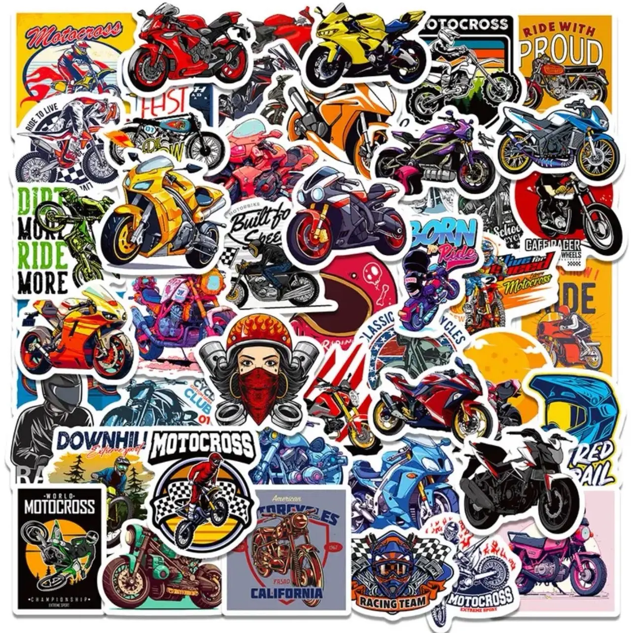 50 Pack- Motorcycle, Motocross, Racing Themed Stickers and Decals. Waterproof. No Duplicates.