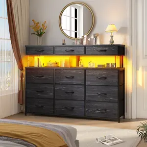 Raybee 12 Drawer Dresser for Bedroom with LED Lights & Charging Station, Fabric Chest of Drawers with Acrylic Top, Storage Organizer for Closet, Entryway, Living Room, Sturdy Metal Frame, Easy Assembly