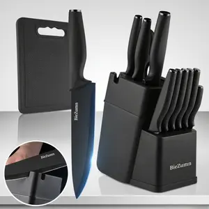 BieZumn 15-Piece Kitchen Block Set, Including Holder, Sharpener, Scissors & 6 Serrated Steak Knives - High-Quality, Razor-Sharp, Black, Dishwasher Safe