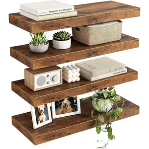 15.8in Wall Shelves, Rustic Wood Finish Floating Shelves Set of 4, Shelves for Wall Decor, with Invisible Brackets for Bathroom, Living Room,Bedroom and Kitchen(Rustic Brown) |   Wall Shelves, for Bathroom, Living Room, Bedroom, Kitchen