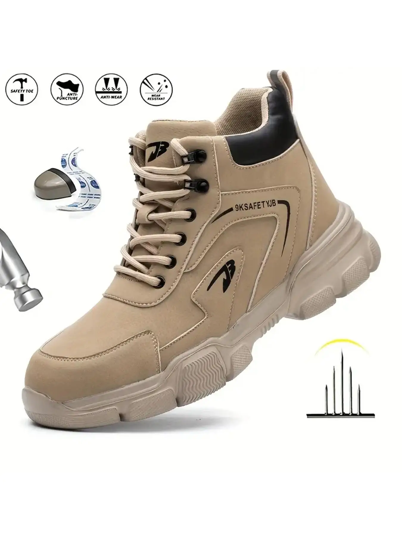 Men's Casual Lace Up High Top Safety Shoes, Lightweight Breathable Outdoor Work Shoes, Durable Steel Toe Boots, Comfortable Non-slip Anti-smashing Wal