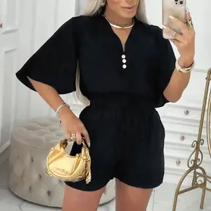 ChicMe Women's 2 Pieces V Neck Button Decor Bell Sleeve Top and Casual Drawstring Stechy Waist Shorts Set Clothes Cute Suits Comfort Minimalist Womenswear Gamis Basic Women's Wear