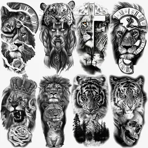 8 Temporary Tattoo Stickers, Forest Lion Jesus Tiger Cross Skull Rose Crown Vintage Style Waterproof Tattoos for Men Women All Occasions Gift