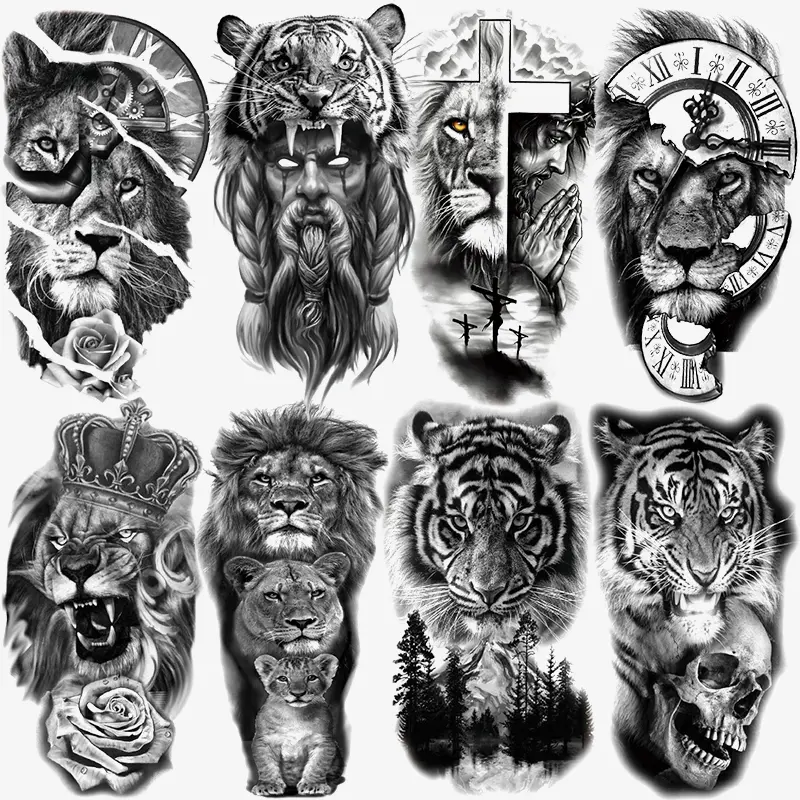 8 Temporary Tattoo Stickers, Forest Lion Jesus Tiger Cross Skull Rose Crown Vintage Style Waterproof Tattoos for Men Women All Occasions Gift