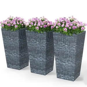 Outsunny 3-Piece Plastic Tall Garden Planters, 24in Taper Flower Boxes with Drainage Holes, Easy to Set Rattan-Decor Elegant Look Pots for Outdoor Front Porch Patio