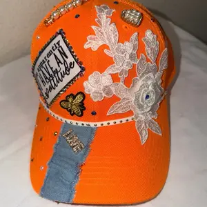 Bright Orange Trucker Hat with Denim and Rose Embellishments,  Rhinestones, Pearls, Gold Trim lots BLING