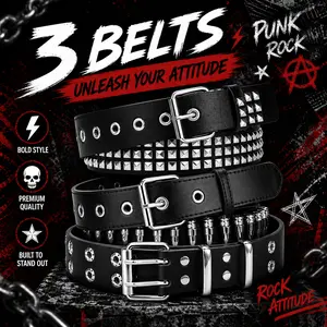 3 Pcs Studded Belt, Y2K Belt EMO Goth Belts Punk Rock with Bullet Belts for Women Men